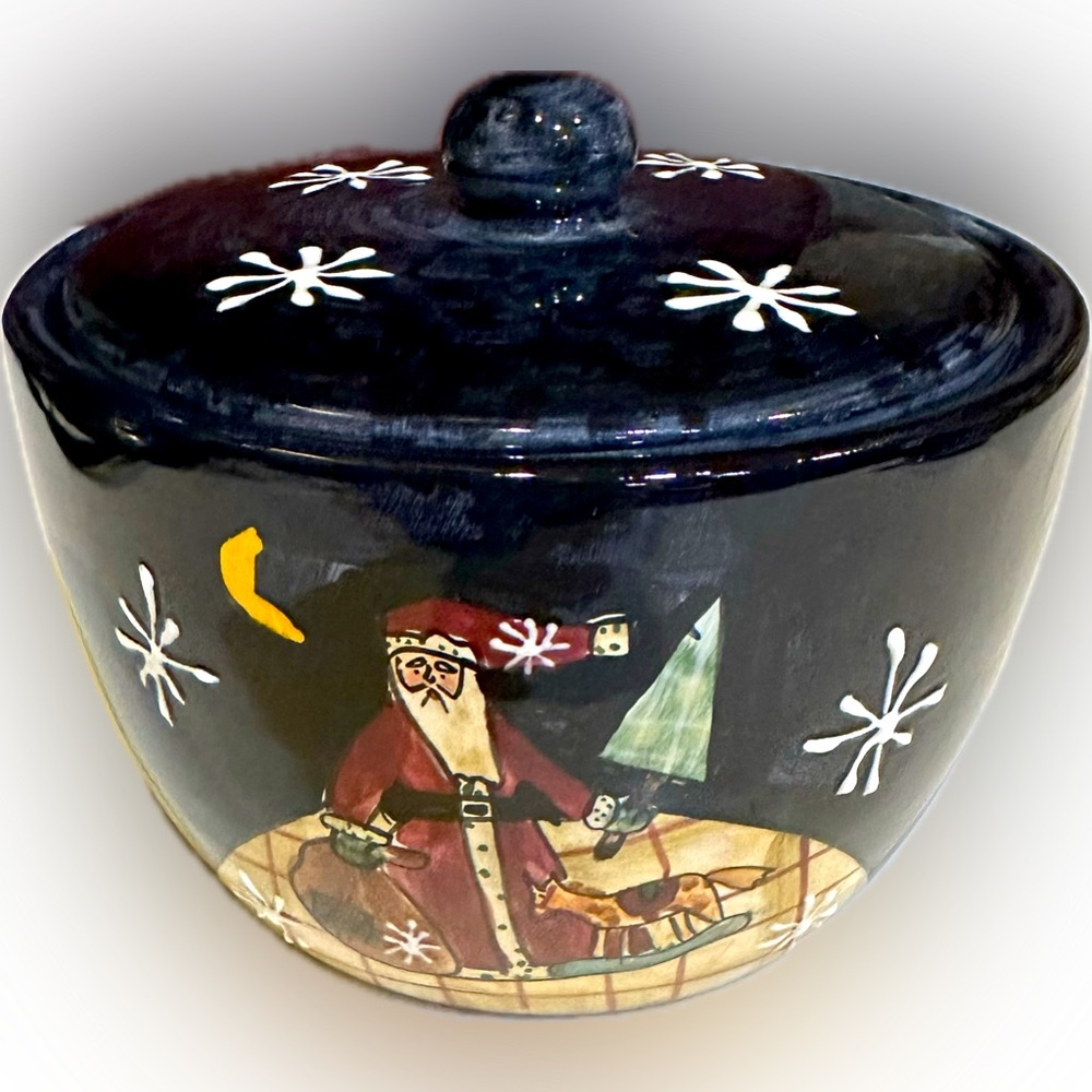 NEW VTG RARE CIC CERAMIC SANTA CLAUS APOTHECARY TRINKET DISH JAR BLACK RED CERT